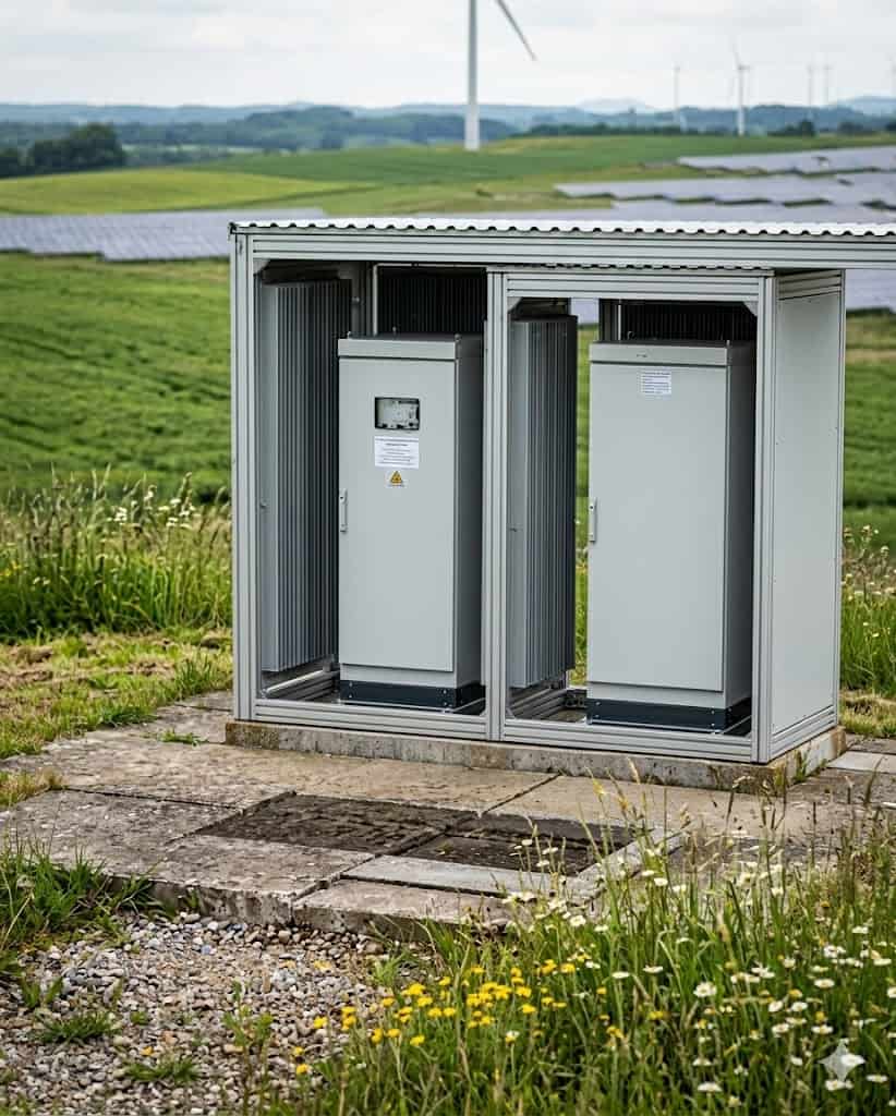 Outdoor medium-voltage electrical cabinets in a renewable energy site with solar panels and wind turbines in the background